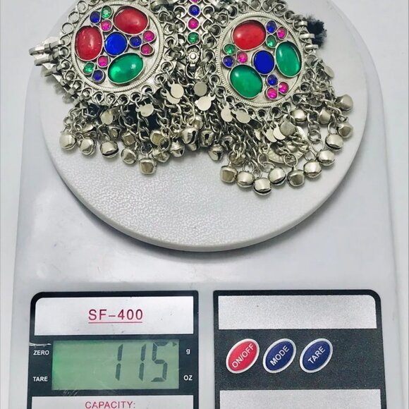 Afghan Three Rings Necklace With Red and Green Glass Stones, Kuchi Tribal Bib - Picture 8 of 9